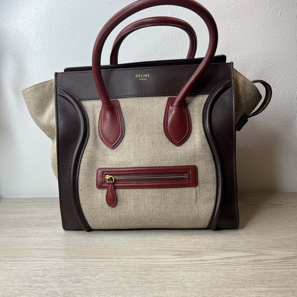 Authentic CELINE Oatmeal Brown burgundy canvas & leather MINI LUGGAGE Tote Bag - Picture 2 of 10